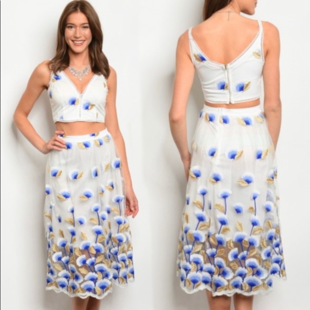 Falling Blue White Ginkgo 2 Piece Skirt Top Set L